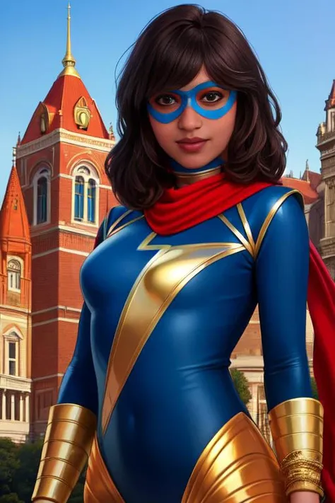 Khamala, brown eyes, dark brown hair,lips, standing, smiling, upper body,
KhanSuit,blue domino mask, red scarf, red and blue bodysuit with gold trim, blue footwear, gold bangle,
dawn, top of building, small town,
(insanely detailed, beautiful detailed face, masterpiece, best quality) realistic, <lora:Khamalakhan-10:0.7>