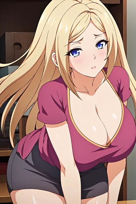 pink_shirt,short_sleeves,cleavage, collarbone,Black_pencil_skirt, <lora:Otoha_Watase_Kazoku-KK77-V2:0.7>, blonde_long_hair, parted bangs,Blue_eyes,
1 girl, 20yo,Young female,Beautiful Finger,Beautiful long legs,Beautiful body,Beautiful Nose,Beautiful character design, perfect eyes, perfect face,expressive eyes, looking at viewer, in the center of the image,(light_smile:0.5), official art,extremely detailed CG unity 8k wallpaper, perfect lighting,Colorful, Bright_Front_face_Lighting,shiny skin, (masterpiece:1.0),(best_quality:1.0), ultra high res,4K,ultra-detailed, photography, 8K, HDR, highres, absurdres:1.2, Kodak portra 400, film grain, blurry background, bokeh:1.2, lens flare, (vibrant_color:1.2) (Beautiful,large_Breasts:1.0), (beautiful_face:1.5),(narrow_waist)