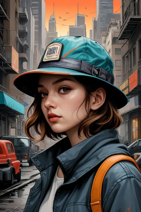 drawing with a multi-colored hat, in the style of gloomy metropolises, pop culture mash-up, intricate illustrations, industrial forms, bold character designs, poster art, ray tracing