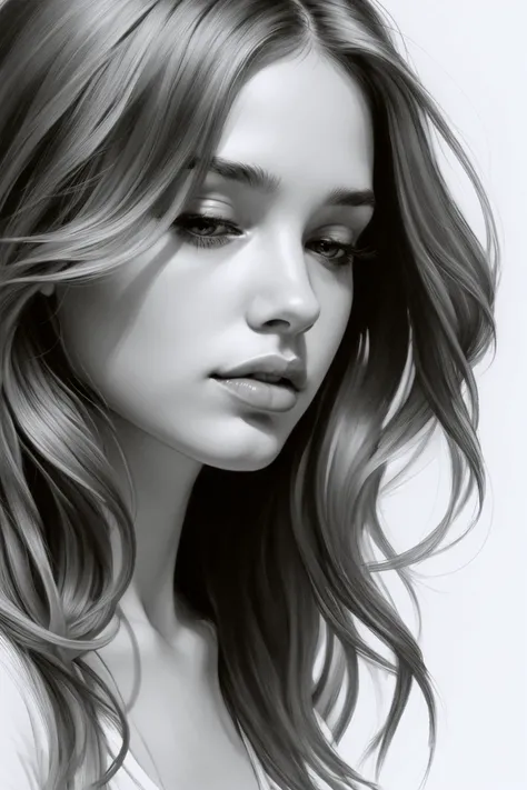 Pencil Sketch Drawing, a drawing with a girl with long hair covering her face, in the style of oliver wetter, paul hedley, wavy, mono-ha, high resolution, illustration , black and white drawing, graphite drawing