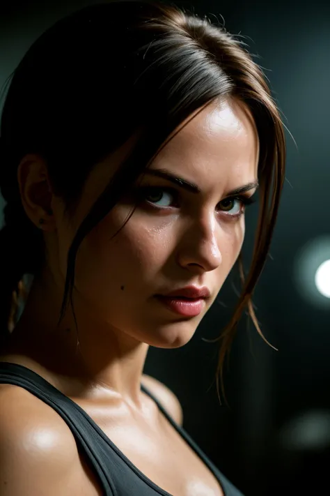 cinematic film still lara croft, in the style of comic book-style art, bold, manga-inspired characters, close up, cartoon violence, comic art, high speed sync, max beckmann . shallow depth of field, vignette, highly detailed, high budget, bokeh, cinemascope, moody, epic, gorgeous, film grain, grainy