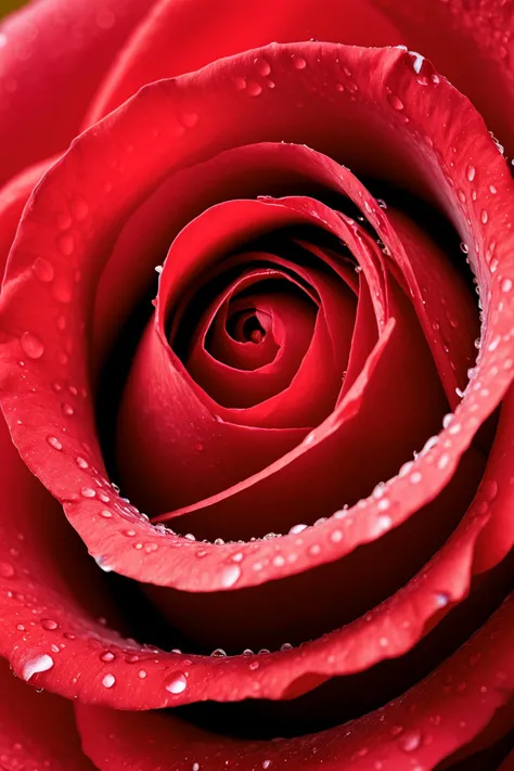 Close-up photograph of a dew-kissed red rose, details accentuated with a macro lens, revealing the texture and color nuances