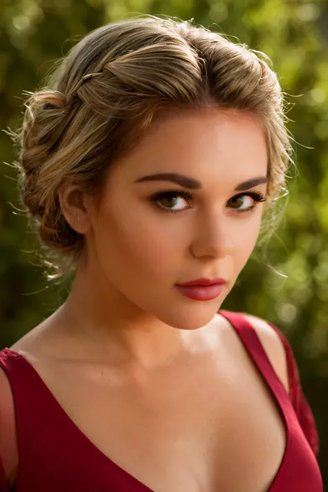 cinematic film still closeup Portrait photography. Fine facial details. Artful interplay of light and shadow. (hair updo). beautiful red dress, Pale skin. Piercing eyes. Ruby lips. Depth of field. Divine glow. <lora:MS_Tahlia_XL_V2:.8> . shallow depth of field, vignette, highly detailed, high budget, bokeh, cinemascope, moody, epic, gorgeous, film grain, grainy