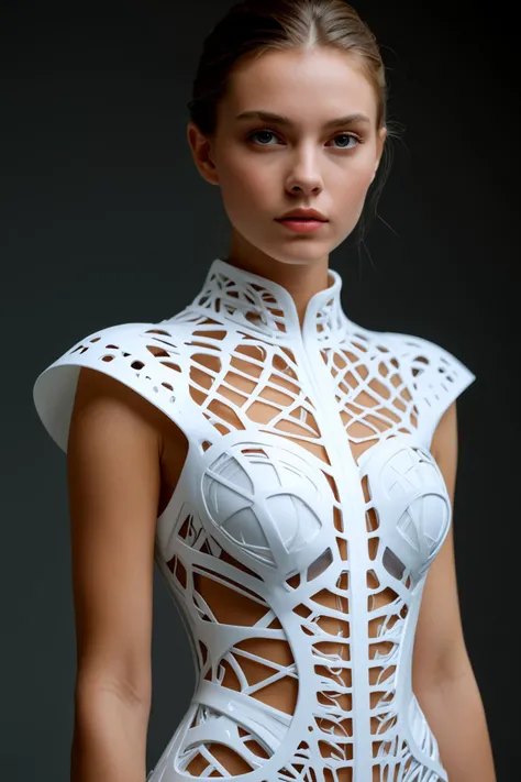 disposable photography of fashion models wearing 3d printed dress, futuristic, 8k, photo realism