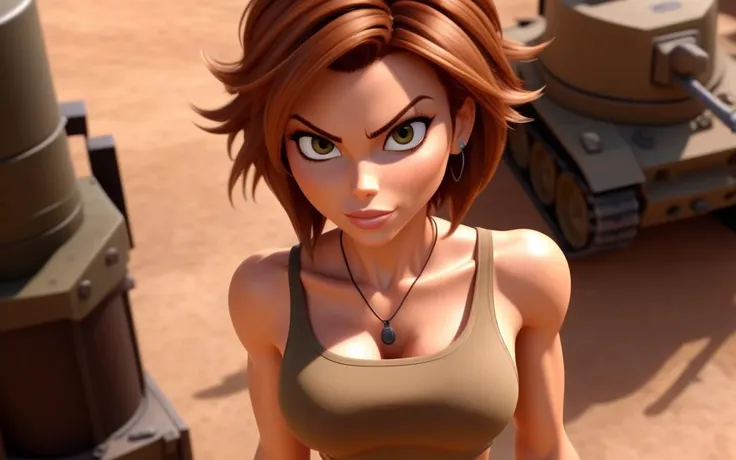 <lora:Special Agent Tanya Adams:1>, Aerial view medium Close shot pixar cartoon of sexy Special Agent Tanya Adams, person, toned, busty, Kari Wuhrer, short brown messy hair, navel, midriff, tank top, khakis, lowleg,