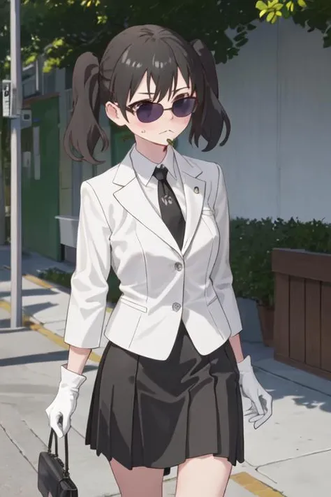 best quality, masterpiece, highres, solo, {black business suit:1.40}, {tie:1.20}, {sunglasses:1.25}, {white gloves:1.15}, {white shirt:1.10}, {black skirt:1.15}, {smoking:1.20}, handsome, {kuraue_hinata_encouragementofclimb:1.15}, black_hair, blush, purple_eyes, twintails, bangs, closed_mouth, outdoors, hair_between_eyes