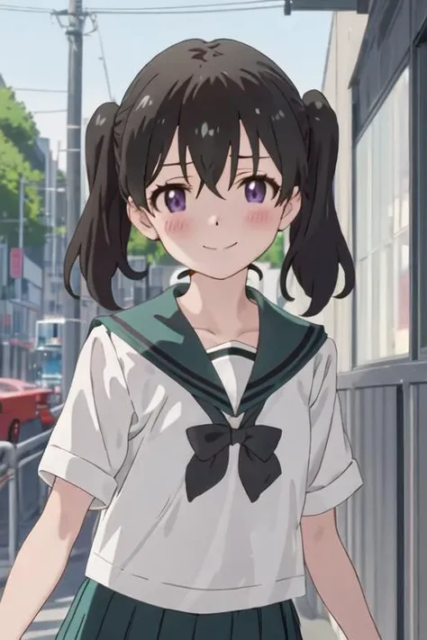 best quality, masterpiece, highres, solo, {kuraue_hinata_encouragementofclimb:1.15}, black_hair, blush, purple_eyes, twintails, bangs, closed_mouth, outdoors, hair_between_eyes, 1girl, sailor_collar, school_uniform, serafuku, shirt, smile, white_shirt, blue_sailor_collar, looking_at_viewer, upper_body, anime_coloring