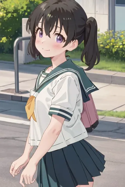 best quality, masterpiece, highres, solo, {kuraue_hinata_encouragementofclimb:1.15}, black_hair, blush, purple_eyes, twintails, bangs, closed_mouth, outdoors, hair_between_eyes, 1girl, blue_sailor_collar, blue_skirt, bow, sailor_collar, school_uniform, serafuku, shirt, short_sleeves, skirt, white_shirt, pleated_skirt, smile