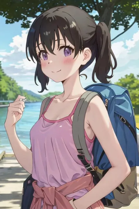 best quality, masterpiece, highres, solo, {kuraue_hinata_encouragementofclimb:1.15}, black_hair, blush, purple_eyes, twintails, bangs, closed_mouth, outdoors, hair_between_eyes, 1girl, bag, bare_arms, bare_shoulders, blue_sky, camisole, clothes_around_waist, cloud, day, jacket_around_waist, sky, sleeveless, tree, jacket, pink_camisole, pink_shirt, shirt, backpack, collarbone, looking_at_viewer, smile, tank_top, upper_body
