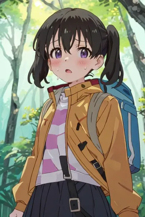 best quality, masterpiece, highres, solo, {kuraue_hinata_encouragementofclimb:1.15}, black_hair, blush, purple_eyes, twintails, bangs, closed_mouth, outdoors, hair_between_eyes, 1girl, jacket, looking_at_viewer, upper_body, day, nature, open_mouth, sweat, backpack, bag, forest, sunlight, yellow_jacket, anime_coloring, tree