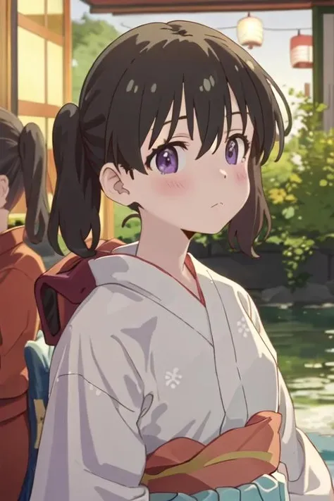 best quality, masterpiece, highres, solo, {yukata:1.40}, {kimono:1.20}, {kuraue_hinata_encouragementofclimb:1.15}, black_hair, blush, purple_eyes, twintails, bangs, closed_mouth, outdoors, hair_between_eyes