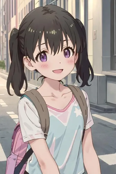 best quality, masterpiece, highres, solo, {kuraue_hinata_encouragementofclimb:1.15}, black_hair, blush, purple_eyes, twintails, bangs, closed_mouth, outdoors, hair_between_eyes, 1girl, pink_shirt, shirt, collarbone, upper_body, open_mouth, backpack, bag, short_sleeves, day, looking_at_viewer, smile, star_\(symbol\), :d