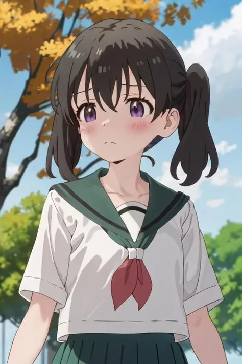 best quality, masterpiece, highres, solo, {kuraue_hinata_encouragementofclimb:1.15}, black_hair, blush, purple_eyes, twintails, bangs, closed_mouth, outdoors, hair_between_eyes, 1girl, day, green_sailor_collar, sailor_collar, school_uniform, serafuku, blurry, sky, tree, blurry_background, white_shirt, anime_coloring, blue_sky, cloud, shirt, upper_body
