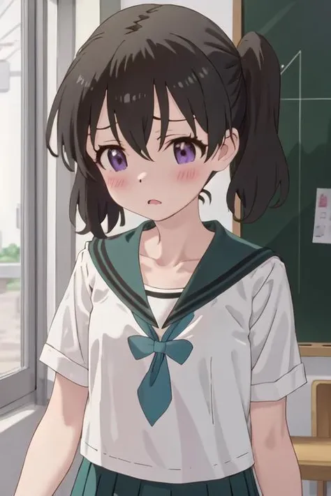 best quality, masterpiece, highres, solo, {kuraue_hinata_encouragementofclimb:1.15}, black_hair, blush, purple_eyes, twintails, bangs, closed_mouth, outdoors, hair_between_eyes, 1girl, anime_coloring, open_mouth, sailor_collar, school_uniform, serafuku, upper_body, collarbone, shirt, blue_sailor_collar, indoors, white_shirt