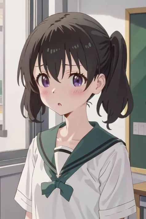 best quality, masterpiece, highres, solo, {kuraue_hinata_encouragementofclimb:1.15}, black_hair, blush, purple_eyes, twintails, bangs, closed_mouth, outdoors, hair_between_eyes, 1girl, green_sailor_collar, indoors, looking_at_viewer, sailor_collar, school_uniform, serafuku, white_shirt, parted_lips, shirt, upper_body, :o, anime_coloring