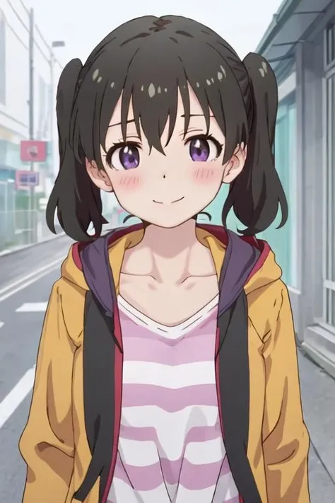 best quality, masterpiece, highres, solo, {kuraue_hinata_encouragementofclimb:1.15}, black_hair, blush, purple_eyes, twintails, bangs, closed_mouth, outdoors, hair_between_eyes, 1girl, anime_coloring, jacket, shirt, upper_body, smile, yellow_jacket, open_clothes, open_jacket, collarbone, hood, hooded_jacket, purple_shirt, striped, striped_shirt, looking_at_viewer
