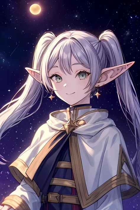 ((masterpiece)), (best quality), highres, ultra-detailed, frieren, 1girl, aurora, bangs, city lights, constellation, crescent moon, desert, earrings, earth \(planet\), elf, fireflies, fireworks, full moon, galaxy, grey eyes, hoop earrings, jewelry, light particles, long hair, milky way, moon, moonlight, night, night sky, parted bangs, planet, pointy ears, robin \(fire emblem\), shooting star, sky, snow, snowing, solo, space, space craft, star \(sky\), starry background, starry sky, starry sky print, tanabata, tanzaku, twilight, twintails, upper body, white capelet, smile, green eyes, <lora:Frieren:0.8> <lora:add_detail:0.5>