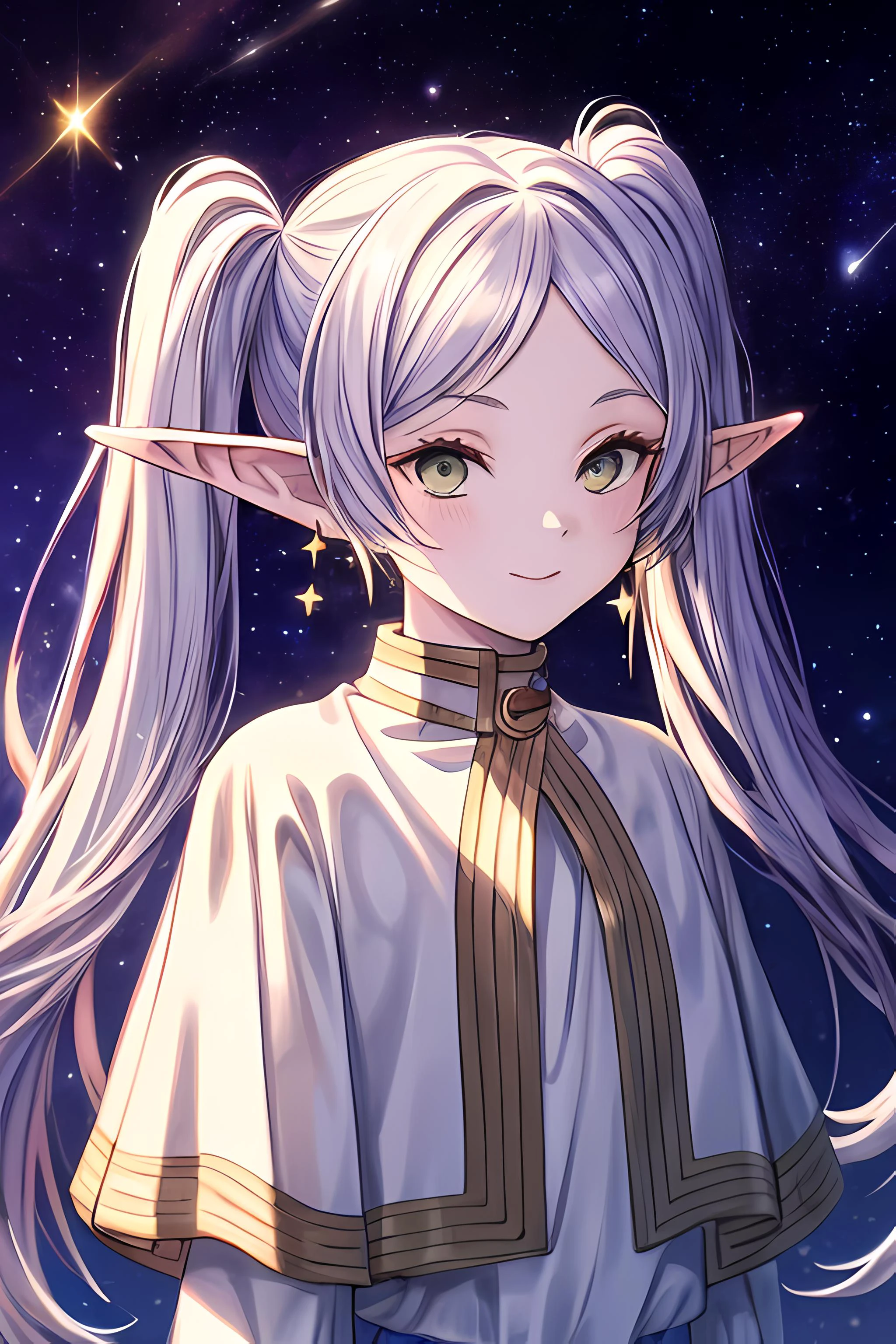 ((masterpiece)), (best quality), highres, ultra-detailed, frieren, 1girl, aurora, bangs, city lights, constellation, crescent moon, desert, earrings, earth \(planet\), elf, fireflies, fireworks, full moon, galaxy, grey eyes, hoop earrings, jewelry, light particles, long hair, milky way, moon, moonlight, night, night sky, parted bangs, planet, pointy ears, robin \(fire emblem\), shooting star, sky, snow, snowing, solo, space, space craft, star \(sky\), starry background, starry sky, starry sky print, tanabata, tanzaku, twilight, twintails, upper body, white capelet, smile, green eyes, <lora:Frieren:0.8> <lora:add_detail:0.5>