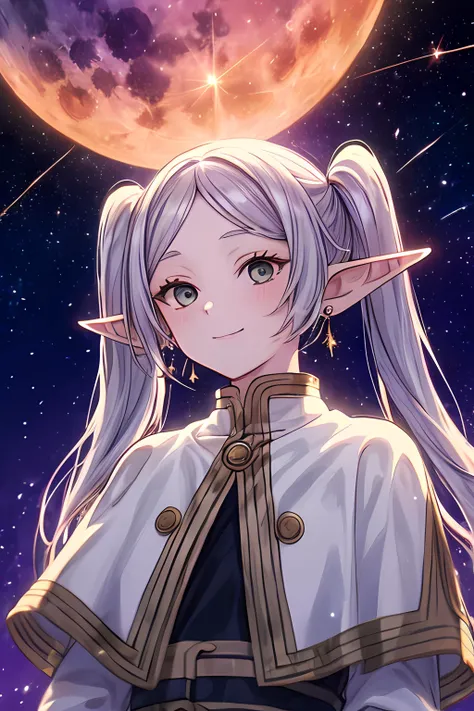 ((masterpiece)), (best quality), highres, ultra-detailed, frieren, 1girl, aurora, bangs, city lights, constellation, crescent moon, desert, earrings, earth \(planet\), elf, fireflies, fireworks, full moon, galaxy, grey eyes, hoop earrings, jewelry, light particles, long hair, milky way, moon, moonlight, night, night sky, parted bangs, planet, pointy ears, robin \(fire emblem\), shooting star, sky, snow, snowing, solo, space, space craft, star \(sky\), starry background, starry sky, starry sky print, tanabata, tanzaku, twilight, twintails, upper body, white capelet, smile, green eyes, <lora:Frieren:0.8> <lora:add_detail:0.5>