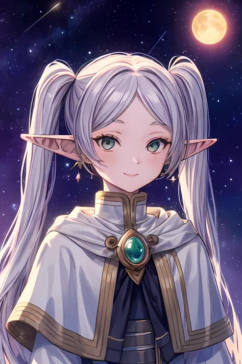 ((masterpiece)), (best quality), highres, ultra-detailed, frieren, 1girl, aurora, bangs, city lights, constellation, crescent moon, desert, earrings, earth \(planet\), elf, fireflies, fireworks, full moon, galaxy, grey eyes, hoop earrings, jewelry, light particles, long hair, milky way, moon, moonlight, night, night sky, parted bangs, planet, pointy ears, robin \(fire emblem\), shooting star, sky, snow, snowing, solo, space, space craft, star \(sky\), starry background, starry sky, starry sky print, tanabata, tanzaku, twilight, twintails, upper body, white capelet, smile, green eyes, <lora:Frieren:0.8> <lora:add_detail:0.5>