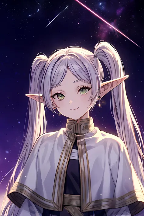 ((masterpiece)), (best quality), highres, ultra-detailed, frieren, 1girl, aurora, bangs, city lights, constellation, crescent moon, desert, earrings, earth \(planet\), elf, fireflies, fireworks, full moon, galaxy, grey eyes, hoop earrings, jewelry, light particles, long hair, milky way, moon, moonlight, night, night sky, parted bangs, planet, pointy ears, robin \(fire emblem\), shooting star, sky, snow, snowing, solo, space, space craft, star \(sky\), starry background, starry sky, starry sky print, tanabata, tanzaku, twilight, twintails, upper body, white capelet, smile, green eyes, <lora:Frieren:0.8> <lora:add_detail:0.5>