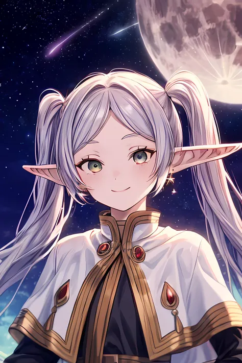 ((masterpiece)), (best quality), highres, ultra-detailed, frieren, 1girl, aurora, bangs, city lights, constellation, crescent moon, desert, earrings, earth \(planet\), elf, fireflies, fireworks, full moon, galaxy, grey eyes, hoop earrings, jewelry, light particles, long hair, milky way, moon, moonlight, night, night sky, parted bangs, planet, pointy ears, robin \(fire emblem\), shooting star, sky, snow, snowing, solo, space, space craft, star \(sky\), starry background, starry sky, starry sky print, tanabata, tanzaku, twilight, twintails, upper body, white capelet, smile, green eyes, <lora:Frieren:0.8> <lora:add_detail:0.5>