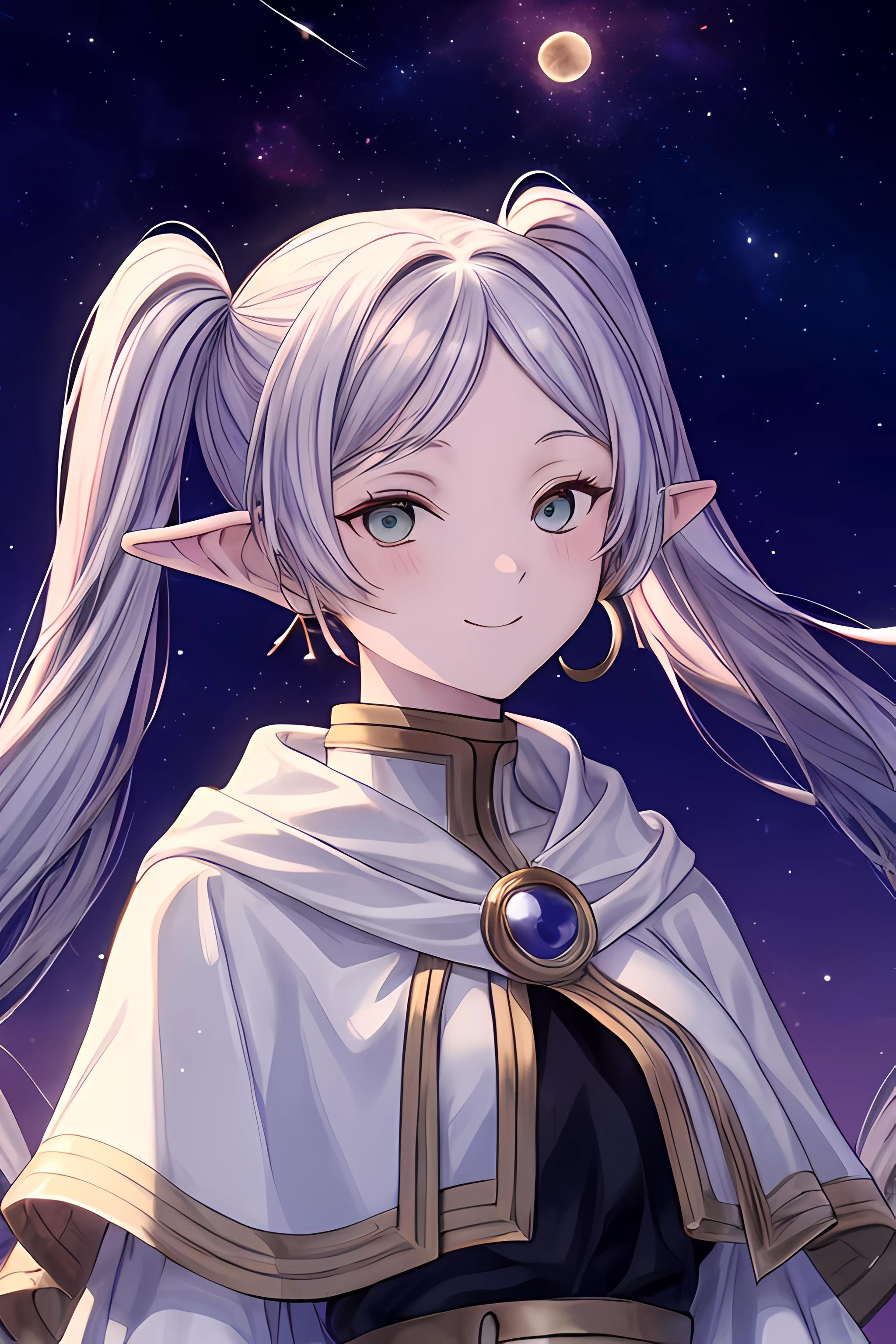 ((masterpiece)), (best quality), highres, ultra-detailed, frieren, 1girl, aurora, bangs, city lights, constellation, crescent moon, desert, earrings, earth \(planet\), elf, fireflies, fireworks, full moon, galaxy, grey eyes, hoop earrings, jewelry, light particles, long hair, milky way, moon, moonlight, night, night sky, parted bangs, planet, pointy ears, robin \(fire emblem\), shooting star, sky, snow, snowing, solo, space, space craft, star \(sky\), starry background, starry sky, starry sky print, tanabata, tanzaku, twilight, twintails, upper body, white capelet, smile, green eyes, <lora:Frieren:0.8> <lora:add_detail:0.5>