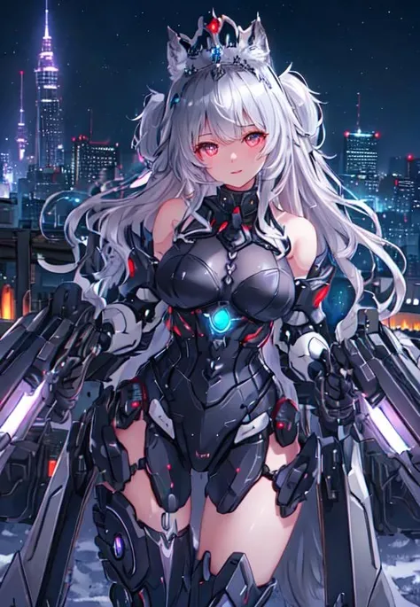 gray hair, wolf ears, crown, tiara, cityscape, night city, starry sky, neon lights, buildings, skyscrapers, city lights, mecha musume, prosthesis, artificial arms, artificial legs, joints, bare shoulders, machinery, adorable face, glowing eyes, highres, absurdres, unity cg, 8k wallpaper, amazing, ultra-detailed illustration