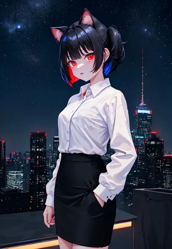 black hair, red eyes, short hair, short twintails, expressionless, cat ears, small breasts, cityscape, night city, starry sky, neon lights, buildings, skyscrapers, city lights, white shirt, pencil skirt, office lady, highres, absurdres,