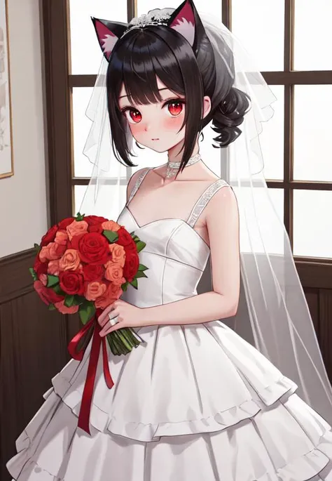 black hair, red eyes, short hair, short twintails, expressionless, cat ears, small breasts, wedding dress, bridal veil, holding bouquet, highres, absurdres, ultra detailed, intricate detail, extremely detailed, high quality, best quality, masterpiece