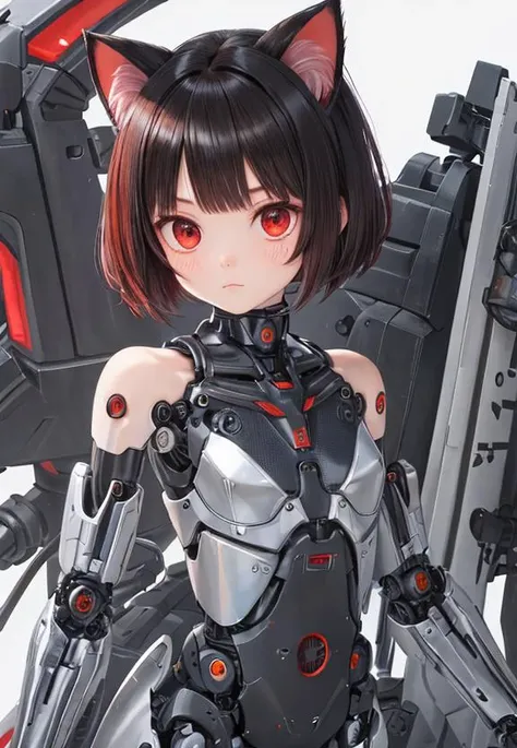 black hair, red eyes, short hair, short twintails, expressionless, cat ears, small breasts, mecha musume, prosthesis, artificial arms, artificial legs, joints, bare shoulders, machinery, adorable face, ultra detailed, intricate detail, extremely detailed