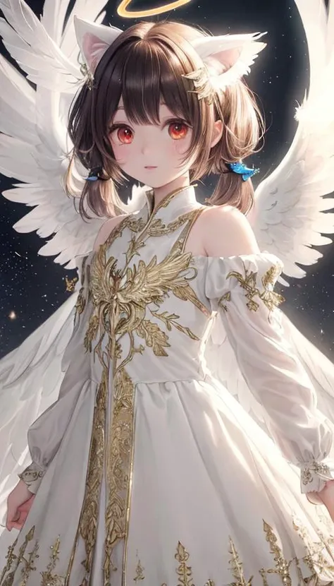 black hair, red eyes, short hair, short twintails, expressionless, cat ears, small breasts, angel wings, angel halo, feather wings, multiple wings, large wings, halo, glowing halo, energy wings, glowing wings, angel, light particles, dappled sunlight, bright, ultra detailed, intricate detail, extremely detailed, high quality, best quality, masterpiece