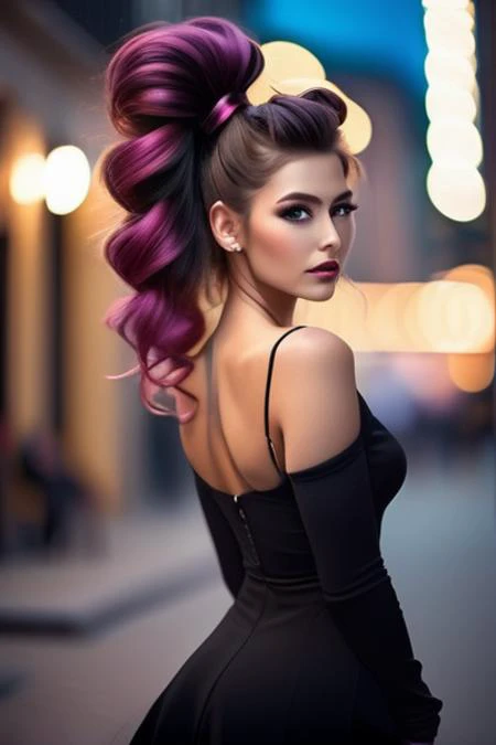 Portrait photo of muscular bearded girl in a sexy black dinner outfit, ((light bokeh)), elegant, sharp focus, photo by greg rutkowski, soft lighting, vibrant colors, (masterpiece), ((streets)), (detailed face:1.1), <lora:xl_mega_twintails-1.0:0.8> mega twintails, big hair