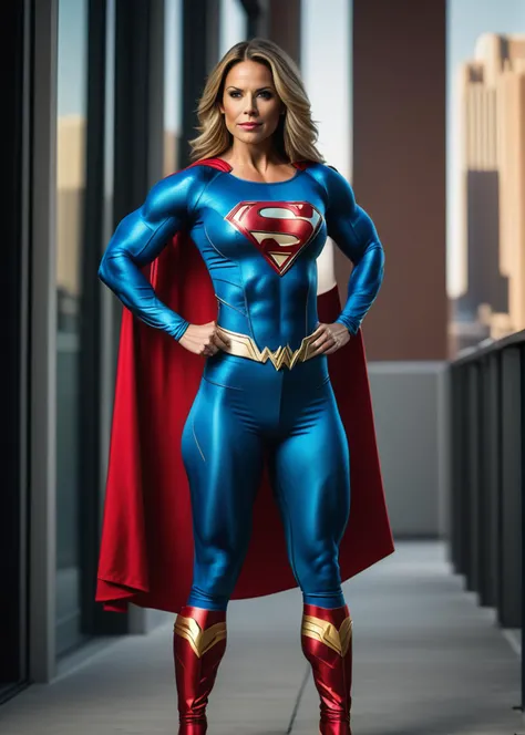 cinematic still of woman in super hero costume cosplay, super woman, full body pose, from a , uberfit, professional photo, film grain, muscular, athletic <lora:uberfit_lora_sdxl_civtai:0.75>