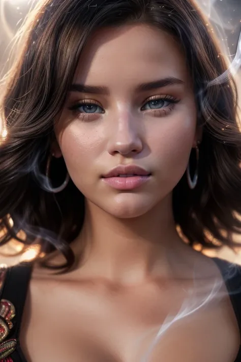 (Close-up Headshot:1.4), ((Photo Focus, DOF, Aperture, insanely detailed and intricate, character, hypermaximalist, hyper realistic, super detailed, (lens flare))) cinematic lighting, photoshoot, dark background, (smile:1.3),Huge Breasts, High <lora:more_details:0.3> (volumetric smoke and lens flares and backlight:1.4)(eyeliner, lipstick)
