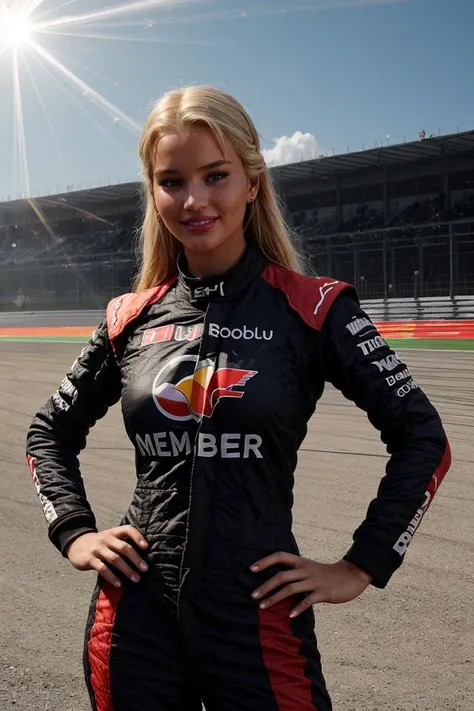 (action Shot:1.4)  DV_S3_Milly_Vicious (blonde, Skinny, Slim, Slender, Abs, Perky Boobs:1.4)  ((Photo Focus, DOF, Aperture, insanely detailed and intricate, character, hypermaximalist, hyper realistic, super detailed, (lens flare))) BREAK (at a formula 1 Race Track:1.4) BREAK (red Racing Suit :1.3) (smile:1.3)  <lora:exposure_control_v10:-0.1> <lora:more_details:0.3> (volumetric smoke and lens flares:1.4)(eyeliner, lipstick)