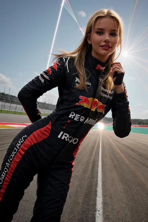 (action Shot:1.4)  DV_S3_Milly_Vicious (blonde, Skinny, Slim, Slender, Abs, Perky Boobs:1.4)  ((Photo Focus, DOF, Aperture, insanely detailed and intricate, character, hypermaximalist, hyper realistic, super detailed, (lens flare))) BREAK (at a formula 1 Race Track:1.4) BREAK (red Racing Suit :1.3) (smile:1.3)  <lora:exposure_control_v10:-0.1> <lora:more_details:0.3> (volumetric smoke and lens flares:1.4)(eyeliner, lipstick)