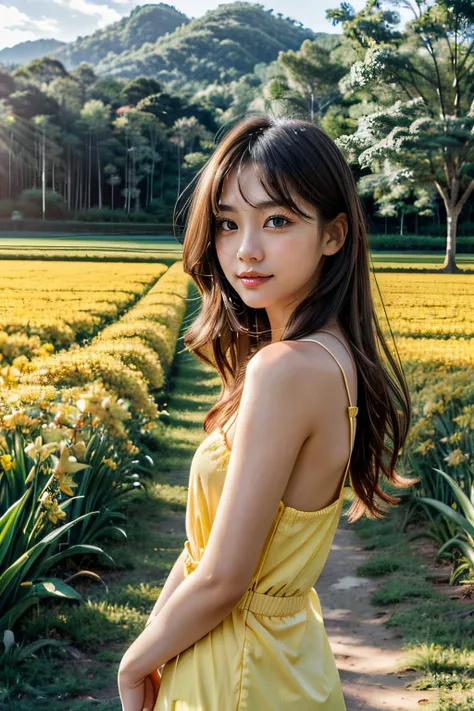 1girls. half up,half down hair,yellow wrap top,15 year old,short dress,light smile,grass field green,flower,(8k,hdr, best quality, masterpiece,highres quality,1girls japanese sweet girls ,intricate detailed,iris eyes, :1.1),<lora:more_details:0.5> <lora:JW:0.3>,