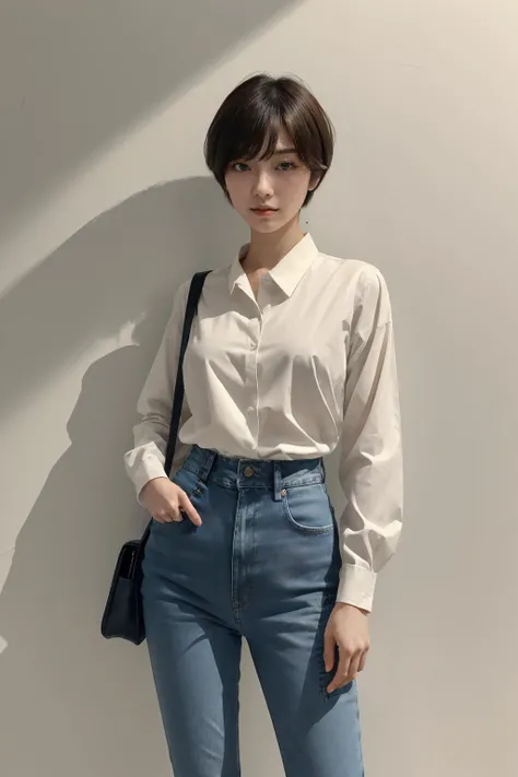 masterpiece, best quality, highres, 1girl, japanese,She turned out to be a tall, slim woman. She was dressed in a long-sleeved shirt and jeans. Her hair is short-cut, but the roundness around her waist is clearly female. Her eyes and nose were well-defined.