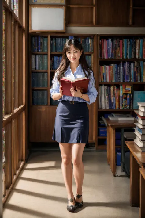 8k, RAW photo, best quality, ultra high res, photorealistic, extremely detailed, realistic, absurdres, intricate details, (candid photography:1.2), (full body portrait:1.2), a beautiful woman, wearing teacher outfit, public, teaching her students, (a book in one hand:1.2), in a classroom, dynamic pose,