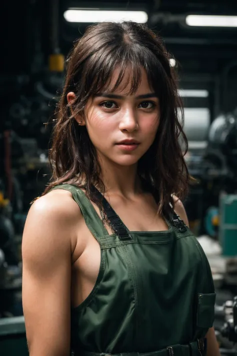 8k, RAW photo, best quality, ultra high res, photorealistic, extremely detailed, realistic, absurdres, intricate details, (candid photography:1.2), (upper body portrait:1.2), a beautiful young girl, wearing mechanic outfit, in a machine shop, dynamic pose,