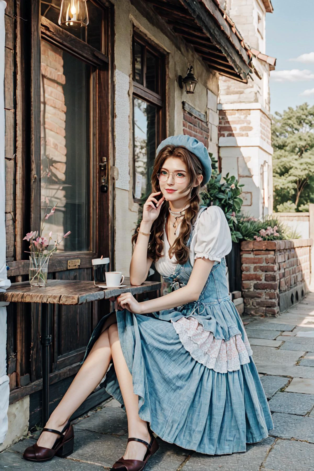 <lora:MIAOKA_Aerith:0.75>, ((aerith gainsborough, choker, hair bow, bracelet, sidelocks, parted bangs, braid)):1.24, (sit, elegant smile),
BREAK 1woman, young woman, adorable, clear face, solo, ((full body)):1.33, ((a woman wear a clear glasses, detailed glasses)):1.22,
BREAK perfect(anatomy, body, face, hands, legs, foot, fingers), ((multicolor brown hairs, very long hairs, green eyes):1.23, cleavage),
BREAK soft light, light on face, cinematic lighting, dynamic(angle, elegant posture), detailed(shadow, lightning),
BREAK <lora:add_detail:0.52>, extremely detailed, CG, finely detail, (masterpiece, best quality):2.0, (intricate details, depth of field), (photorealistic:1.25),
BREAK <lora:uber_saggy2:0.65>, saggy, sagging_breasts, ((huge breasts)),
<lora:Twinkle_20240330153818:0.62>, ((dress, bow, crinoline, hat)):1.23,
((outdoors, detailed cafe, cozy , beautiful scenery, ice cream, table, chairs, cup of tea, windows, morning, chill)),
