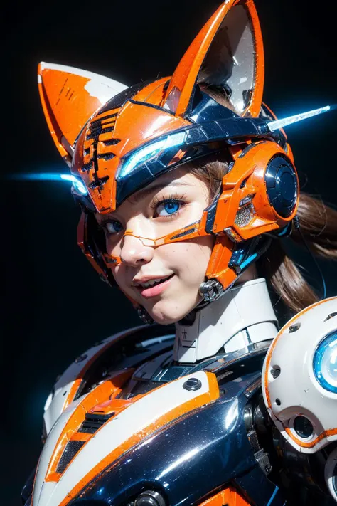 (best quality:1.4), (ultra highres:1.2), (photorealistic:1.4), (8k, RAW photo:1.2), (portrait shot:1.3), (1girl:1.4),(cat fox style helmet:1.3), (mecha musume:1.6),intricate, (beautiful big eyes:1.1), (little smile:1.1),  (neon color effect:1.2), (blue white and theme:1.4), orange light, (glowing effect:1.2), <lora:AMechaSSS[color_theme,mecha musume, mechanical parts,robot joints,headgear]:0.8>