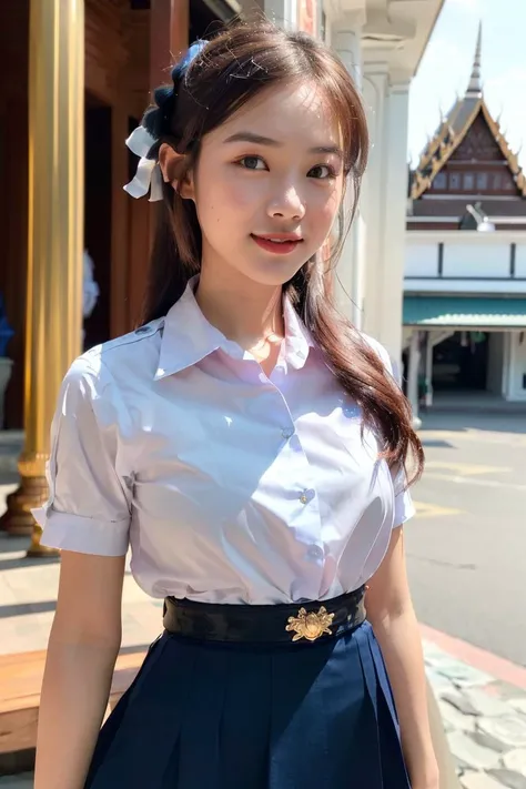 (photorealistic:1.4),(extremely detailed CG:1.2), (masterpiece:1.2), (best quality:1.2),(portrait shot focus on face:1.4),(looking at viewer:1.2), (smile:1.1)
,(Thai girl:1.5),solo,(long hair),(mathayom uniform),(white shirt short sleeves),(navy_blue pleated skirt:1.2),(long skirt),(ribbon worn below:1.2)
<lora:mathayom_uniform16:0.65>