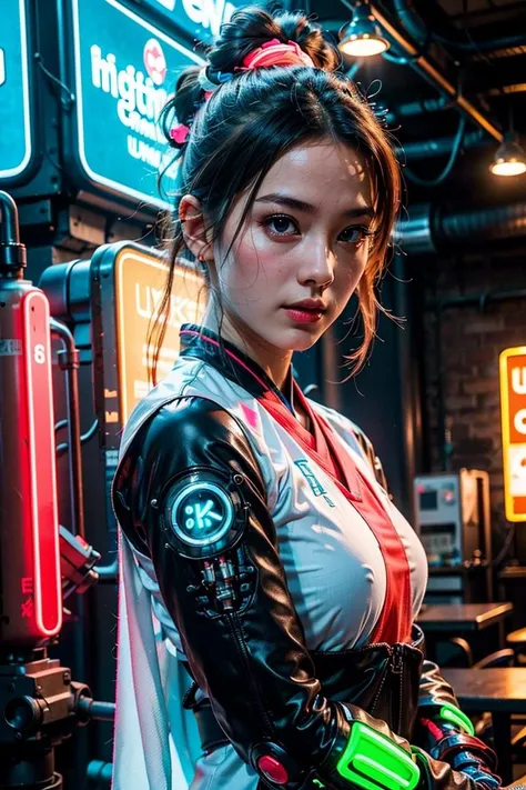 (8k, RAW photo, best quality, masterpiece:1.2), (extremely detailed CG unity 8k wallpaper), (best quality:1.4), (ultra highres:1.2), (photorealistic:1.4), (8k, RAW photo:1.2),  1 girl solo, perfect_hand, (close up shot:1.2), (neon lights:1.4), (mechanical arms:1.4), (hanfu:1.2),  light column background, glowing, (light particles:1.1), <lora:SBGF:0.6>,