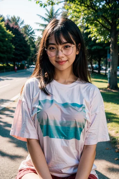 (8k, RAW photo, best quality, masterpiece:1.2), (8k wallpaper), (best quality:1.4), (ultra highres:1.2), (photorealistic:1.4), (8k, RAW photo:1.2), (1 girl solo, thai 22yo:1.2), (smile:1.4), (cute red border eye glasses:1.3),(look at viewer:1.5),(loose oversize t-shirt:1.5), sitting on park, luminous skin, enchanting gaze, natural lighting, shallow depth of field, dreamy pastel palette, whimsical details, captured on film<lora:FilmVelvia3:0.5>