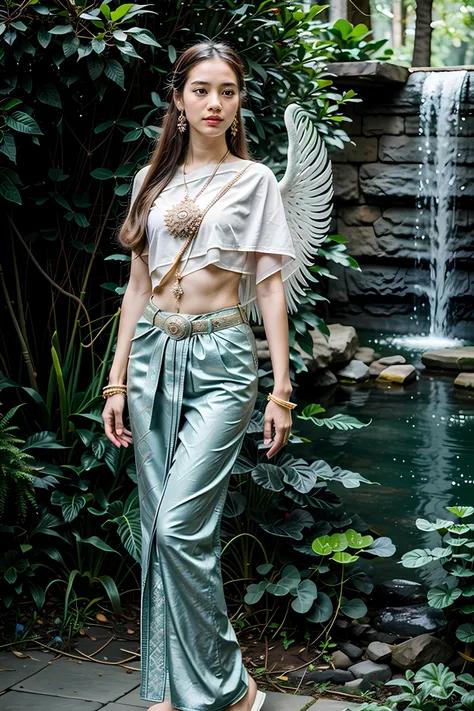 8k, RAW photo, best quality, ultra high res, photorealistic, extremely detailed, realistic, absurdres, intricate details, a candid photo of a beautiful 16-year-old Thai girl, wearing (white angel wings:1.2), wearing (sky blue sabai:1.2) with linevichit pattern and (legging:1.2), fair and smooth skin, near a large pond near a waterfall, sexy pose,