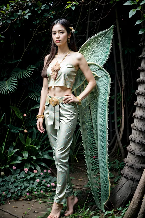 8k, RAW photo, best quality, ultra high res, photorealistic, extremely detailed, realistic, absurdres, intricate details, a candid photo of a beautiful 16-year-old Thai girl, wearing (fairy wings:1.2), wearing (sky blue sabai:1.2) with linevichit pattern and (legging:1.2), fair and smooth skin, near a large pond near a waterfall, sexy pose,
