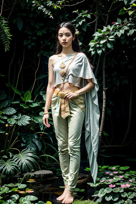 8k, RAW photo, best quality, ultra high res, photorealistic, extremely detailed, realistic, absurdres, intricate details, a candid photo of a beautiful 16-year-old Thai girl, wearing (fairy wings:1.2), wearing (sky blue sabai:1.2) with linevichit pattern and (legging:1.2), fair and smooth skin, near a large pond near a waterfall, sexy pose,