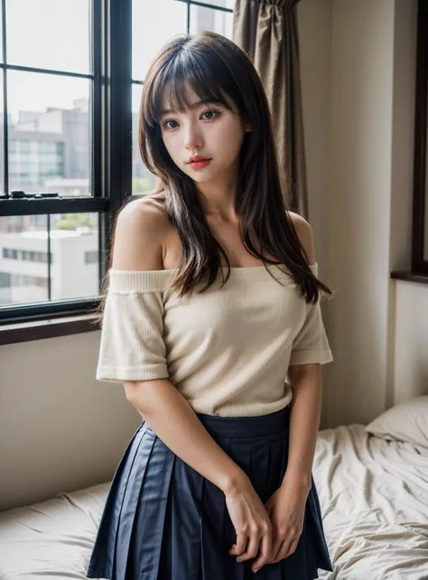 (master quality:1.4) , (realistic detail:1.3) ,(photorealistic:1.3),
A Japanese (girl:1.2) with long, straight hair and bangs, wearing a traditional navy blue and white school uniform, stands confidently in a minimalist white bedroom. The room is softly lit with natural light, but a flash captures her poised, professional pose as she gazes directly into the camera,(nsfw:1.2),(off shoulder:1.2)
<lora:epiCRealismHelper:0.5> <lora:epiCRealLife:0.5> <lora:add_detail:1>